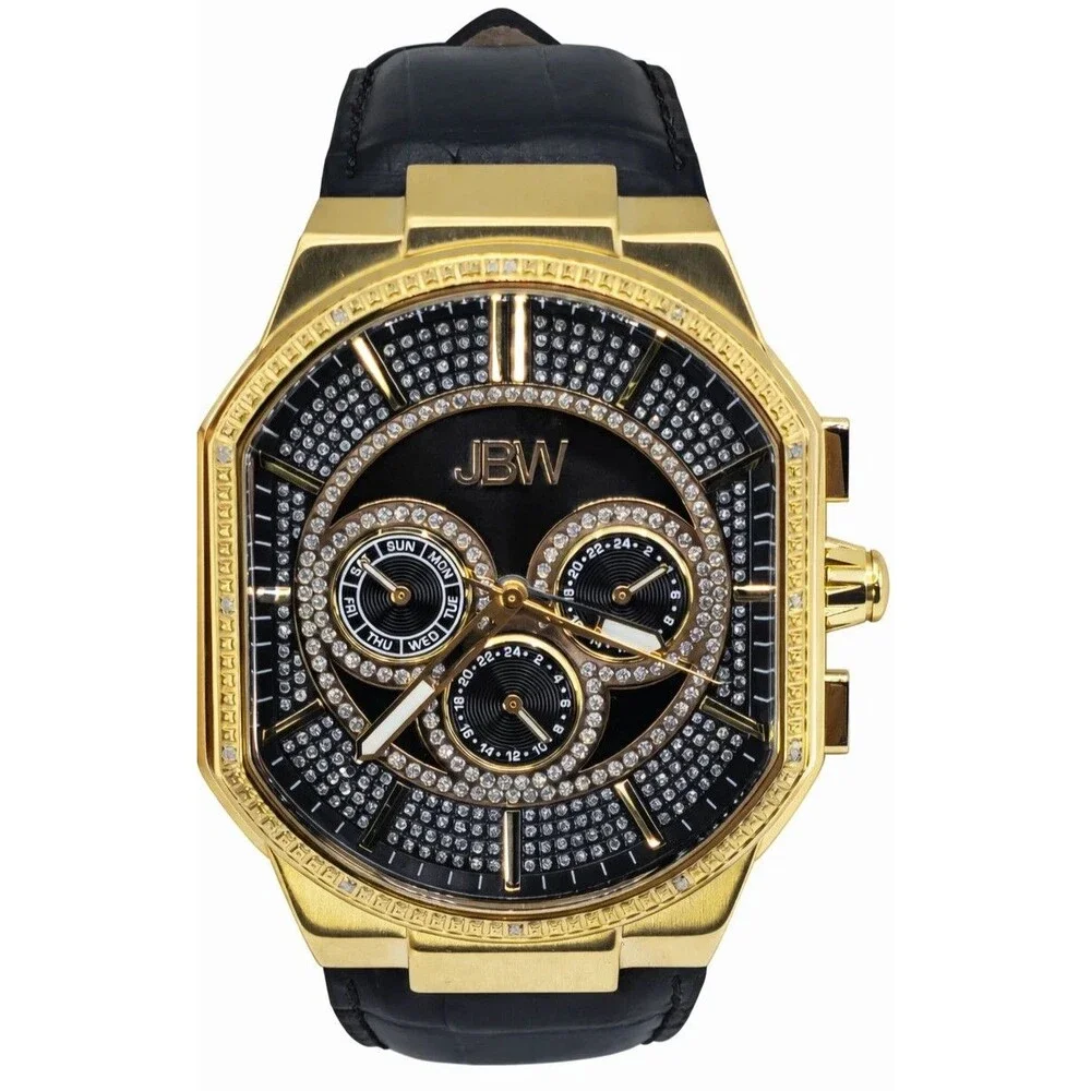 JBW J6342E Mens Gold Tone Chronograph Diamond Bezel Black Leather Watch 44mm